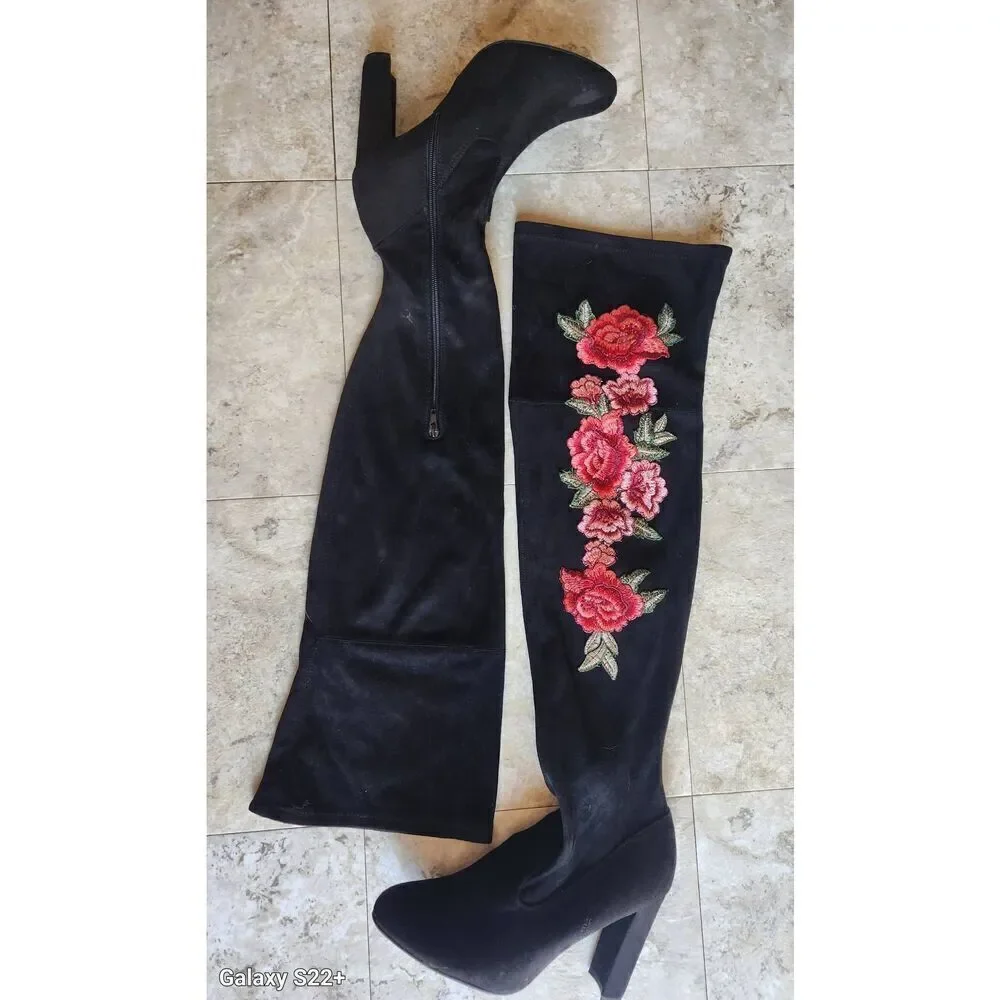 JustFab Tibbie floral embroidered over the knee boots